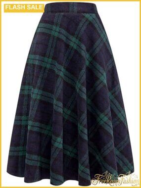 High Waist A-Line Pleated Plaid Midi Skirt Wool Blend